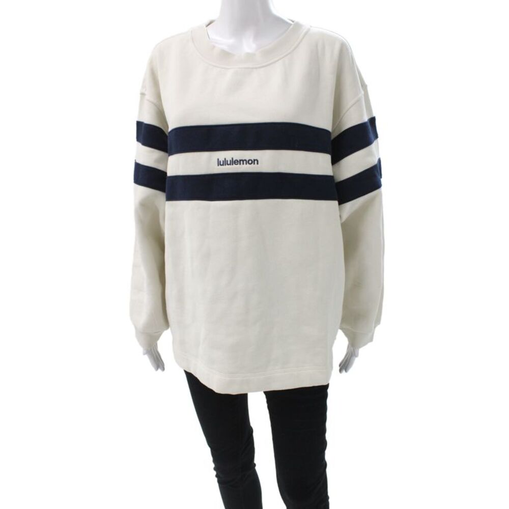 Lululemon Women Ivory Striped Cotton Pullover Sweatshirt Crew Neck Size S